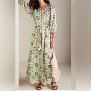Soft Surroundings Dress XL Green Zia Medallion Tassel Maxi Prairie Boho Cottage